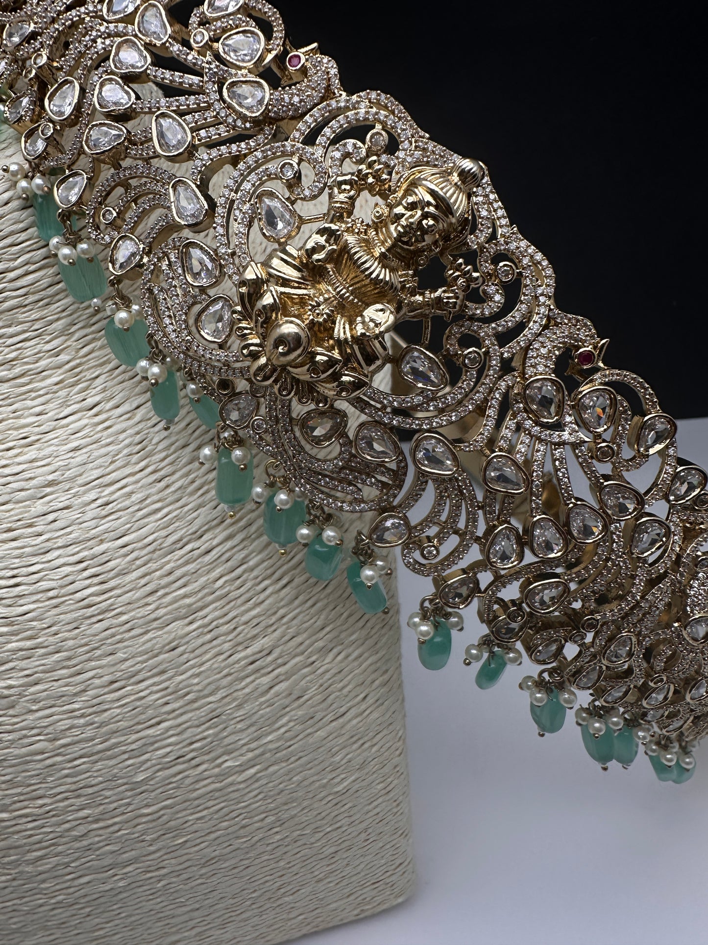 CZ Victorian Goddess Lakshmi Kamarband Hip Belt withMint Green Beads - 