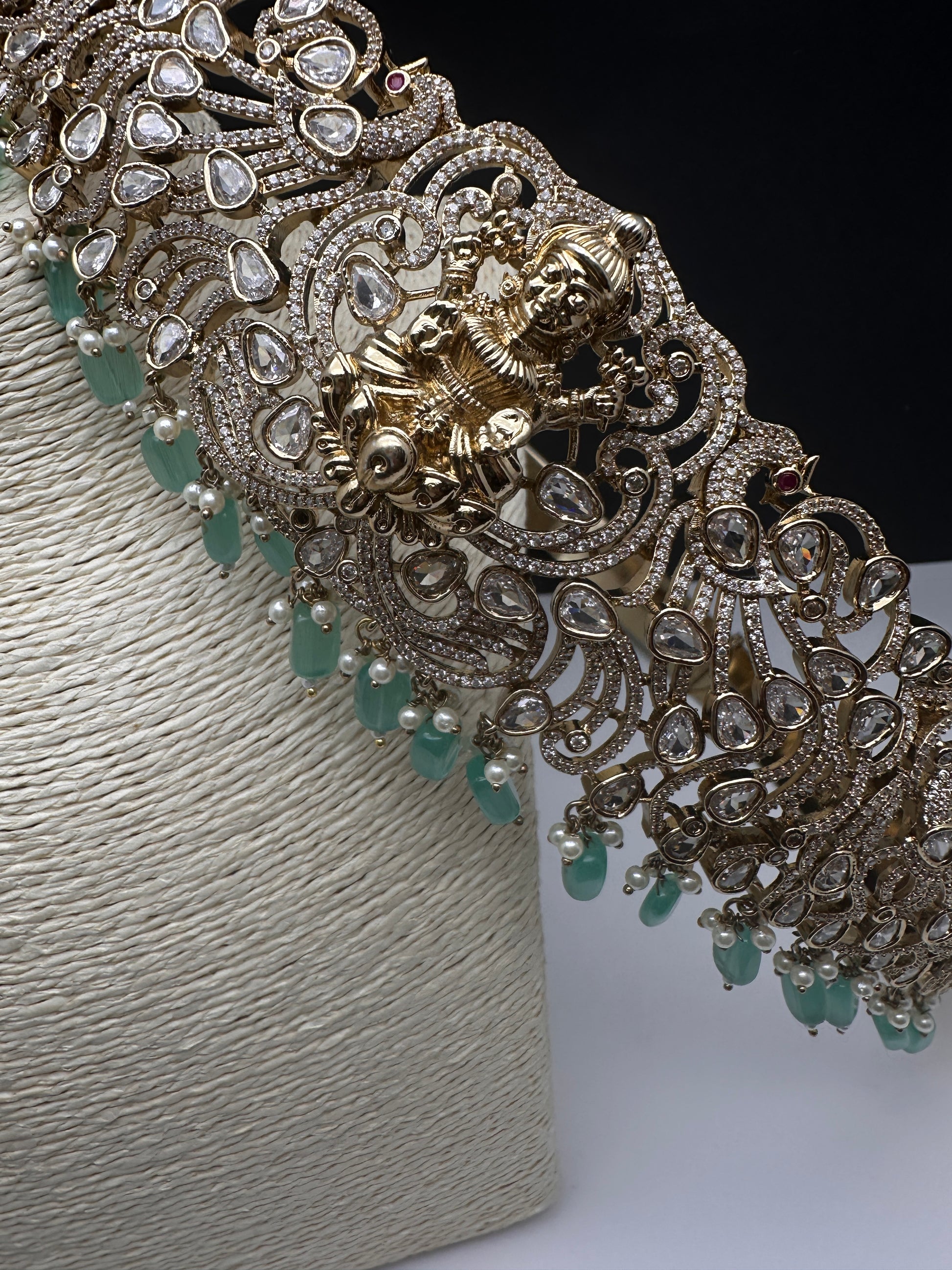 CZ Victorian Goddess Lakshmi Kamarband Hip Belt withMint Green Beads - 