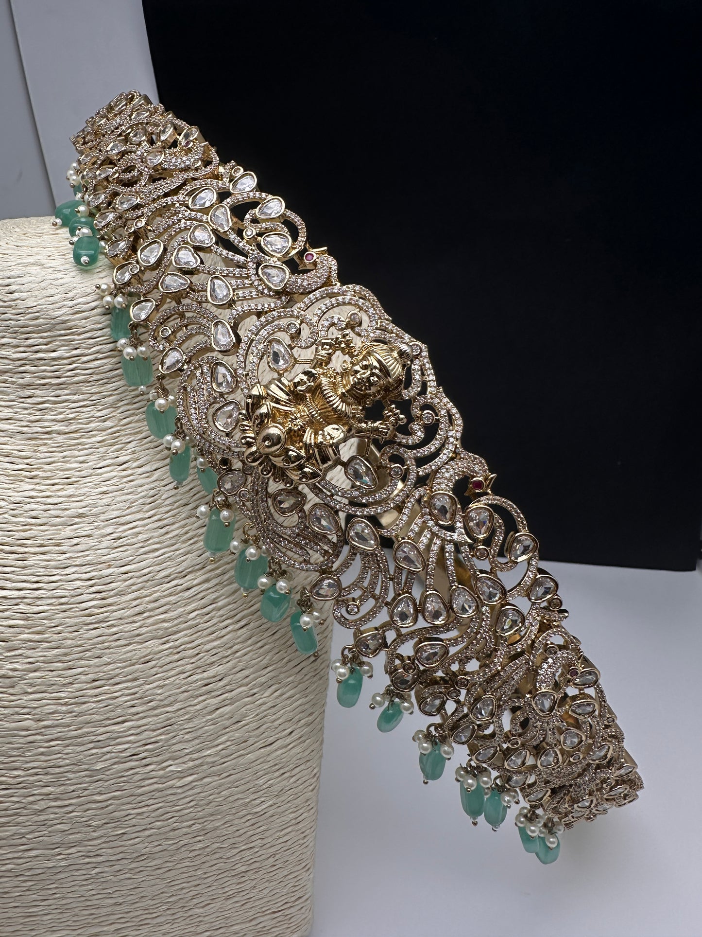 CZ Victorian Goddess Lakshmi Kamarband Hip Belt withMint Green Beads - 