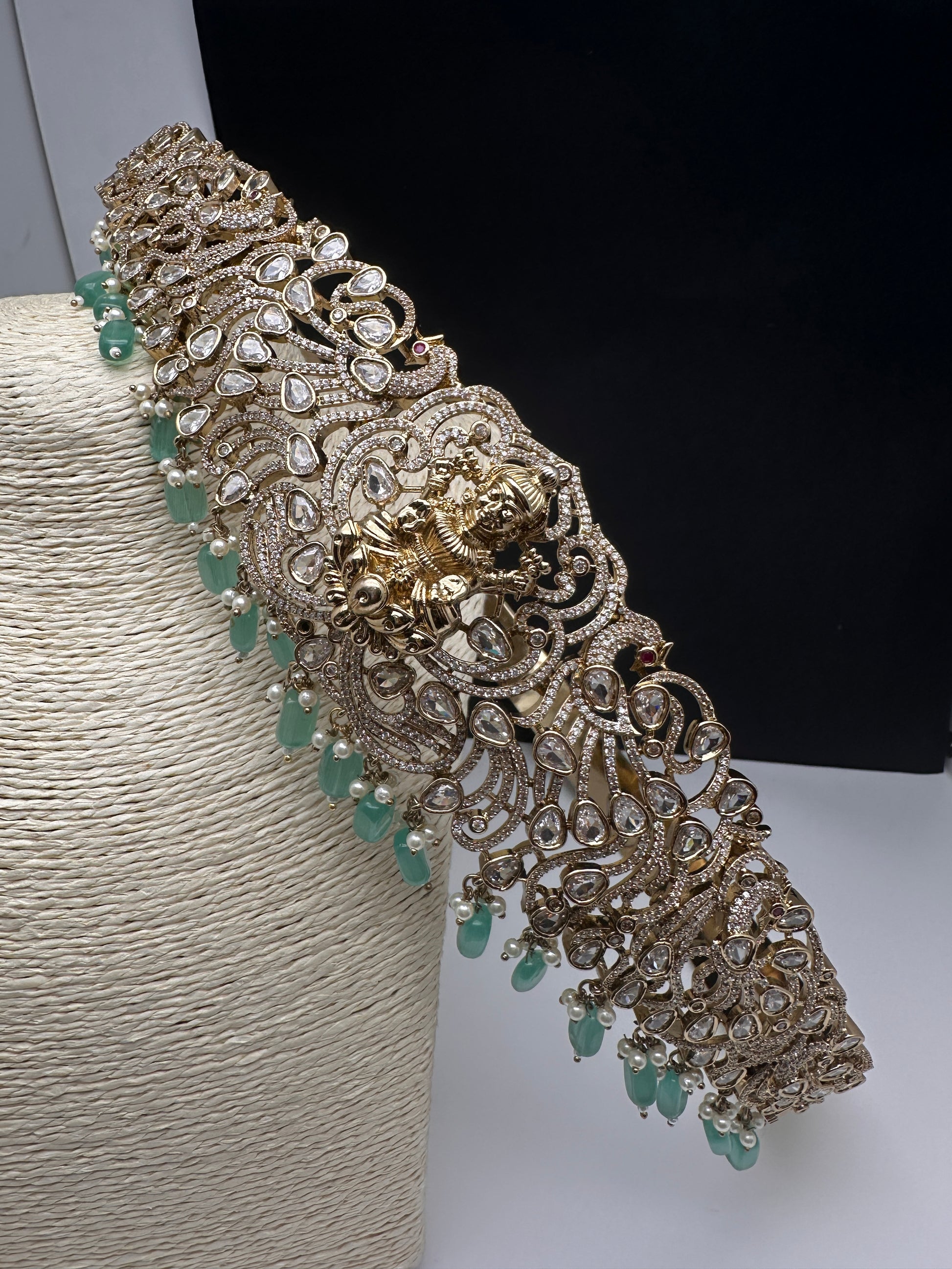 CZ Victorian Goddess Lakshmi Kamarband Hip Belt withMint Green Beads - 