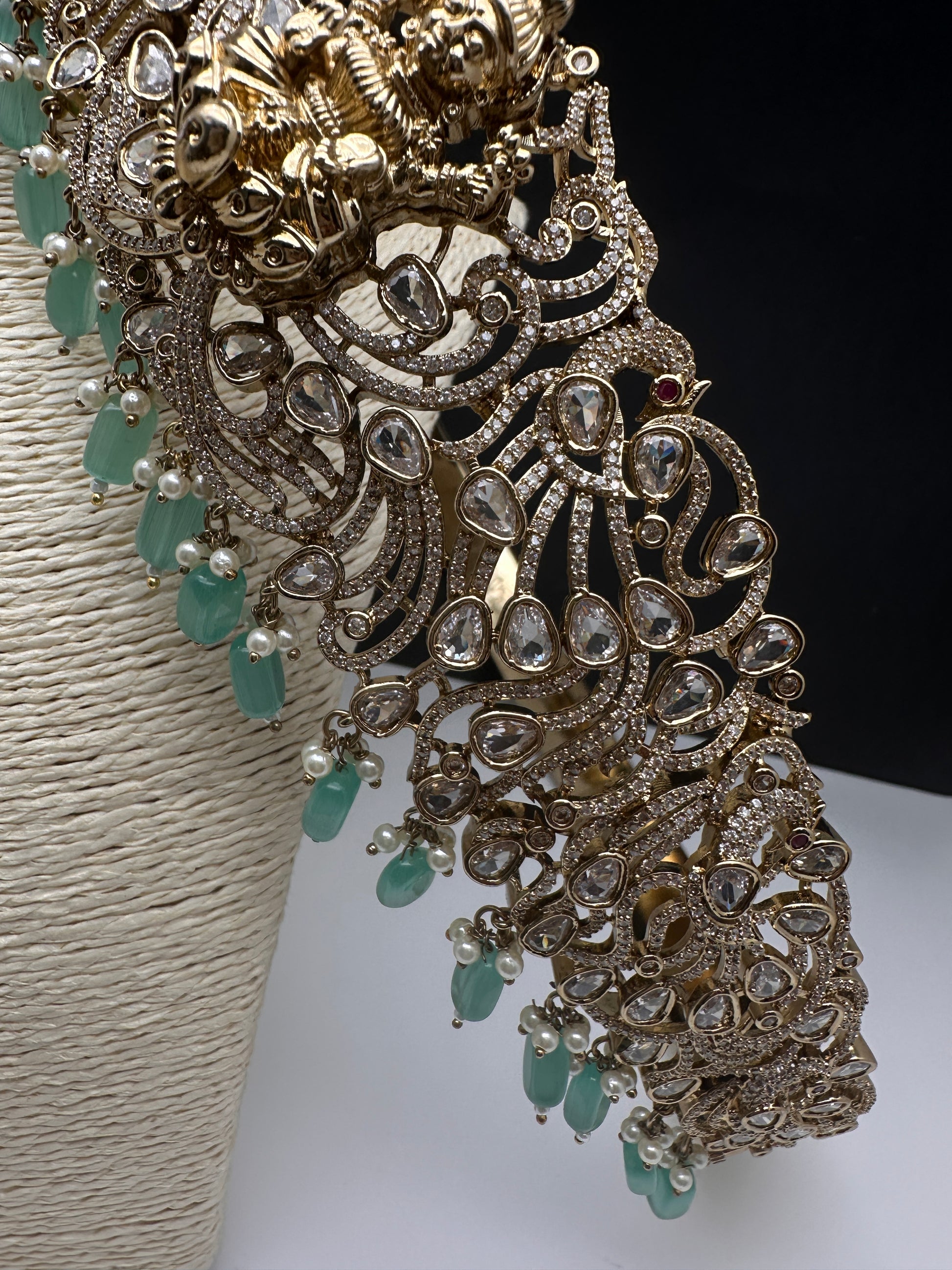 CZ Victorian Goddess Lakshmi Kamarband Hip Belt withMint Green Beads - 