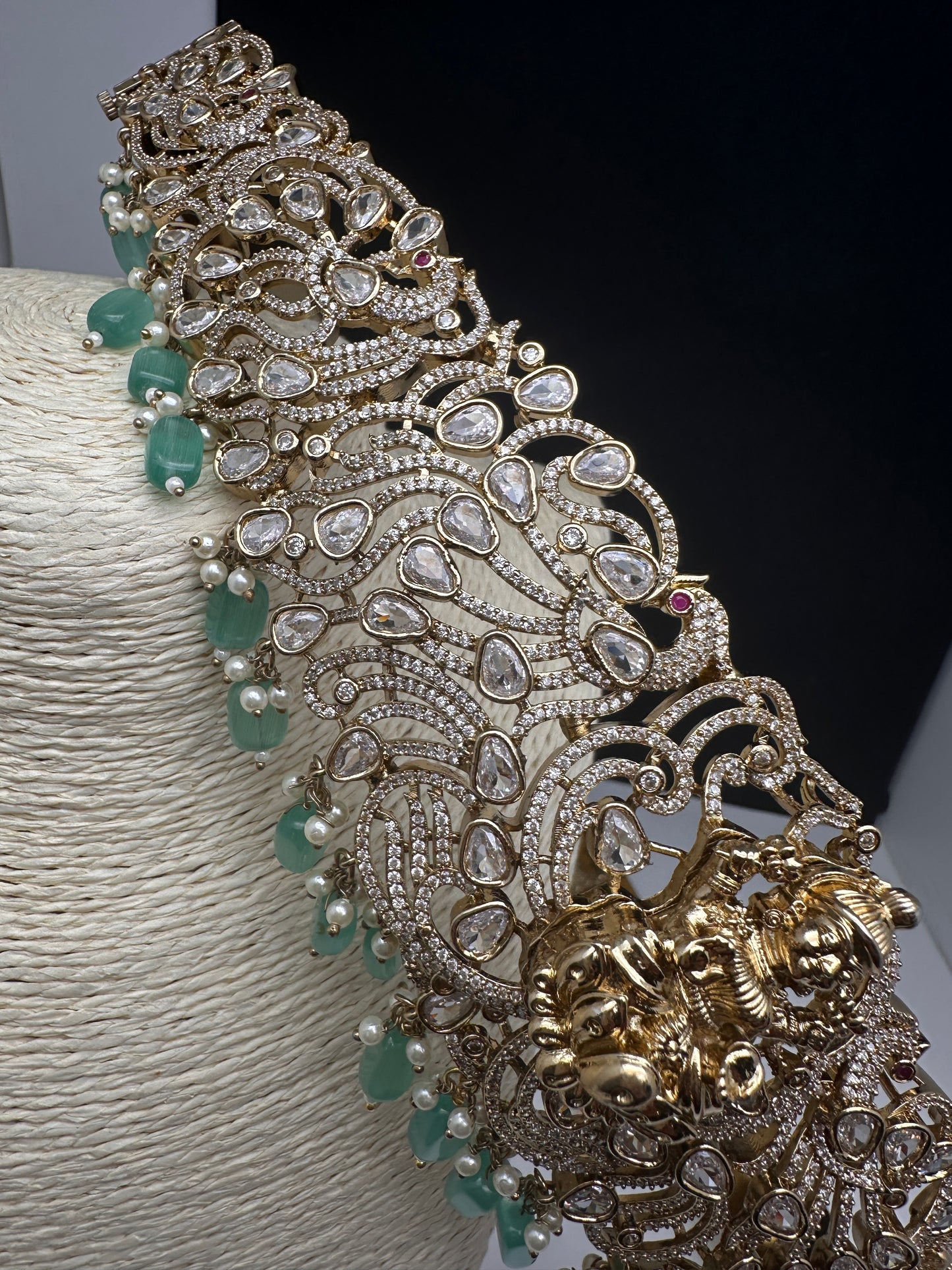 CZ Victorian Goddess Lakshmi Kamarband Hip Belt withMint Green Beads - 