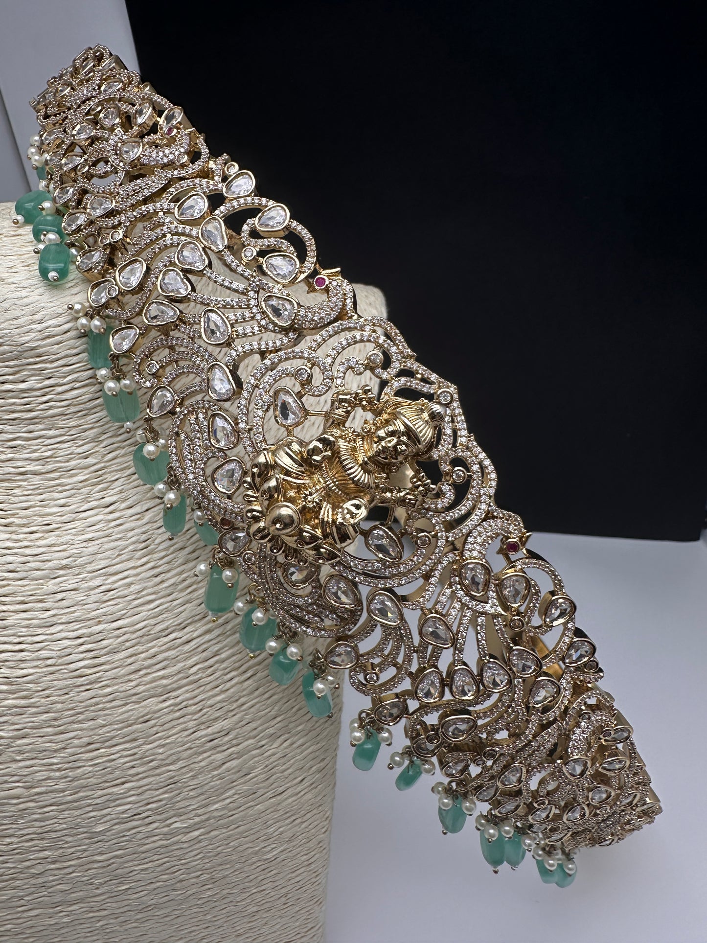 CZ Victorian Goddess Lakshmi Kamarband Hip Belt withMint Green Beads - 