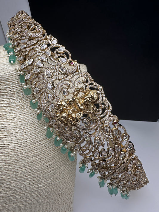 CZ Victorian Goddess Lakshmi Kamarband Hip Belt withMint Green Beads - 