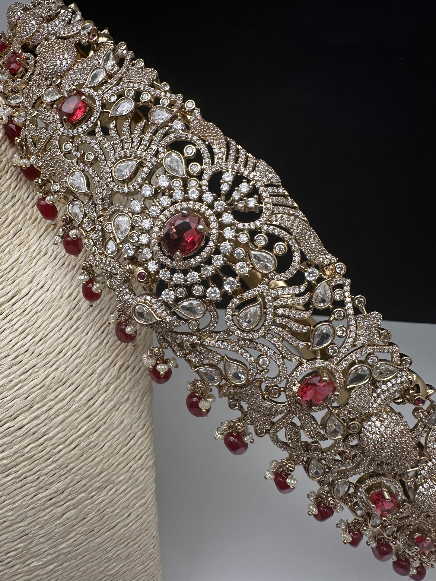 Peacock CZ Victorian Red Hip Belt Beads and Pearls - 