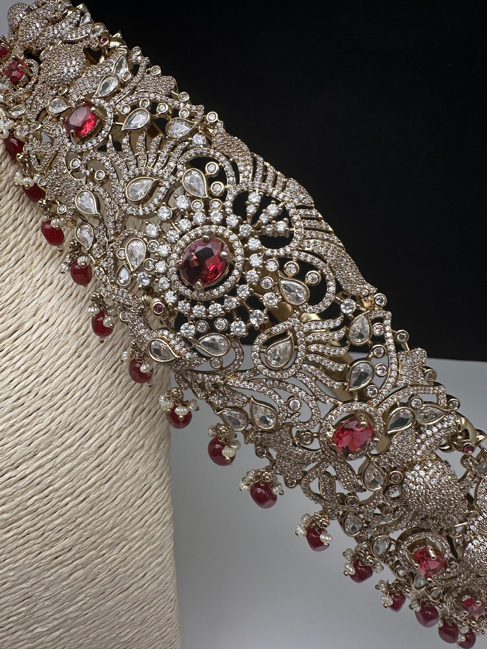 Peacock CZ Victorian Red Hip Belt Beads and Pearls - 