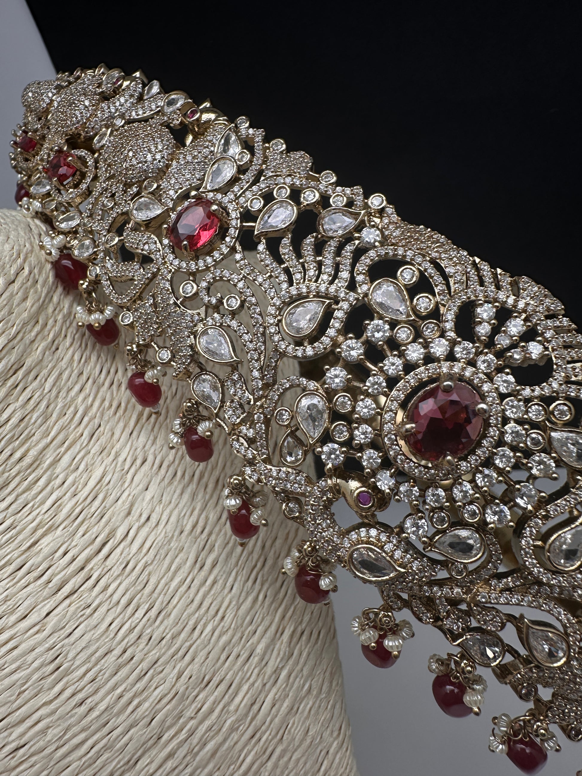Peacock CZ Victorian Red Hip Belt Beads and Pearls - 