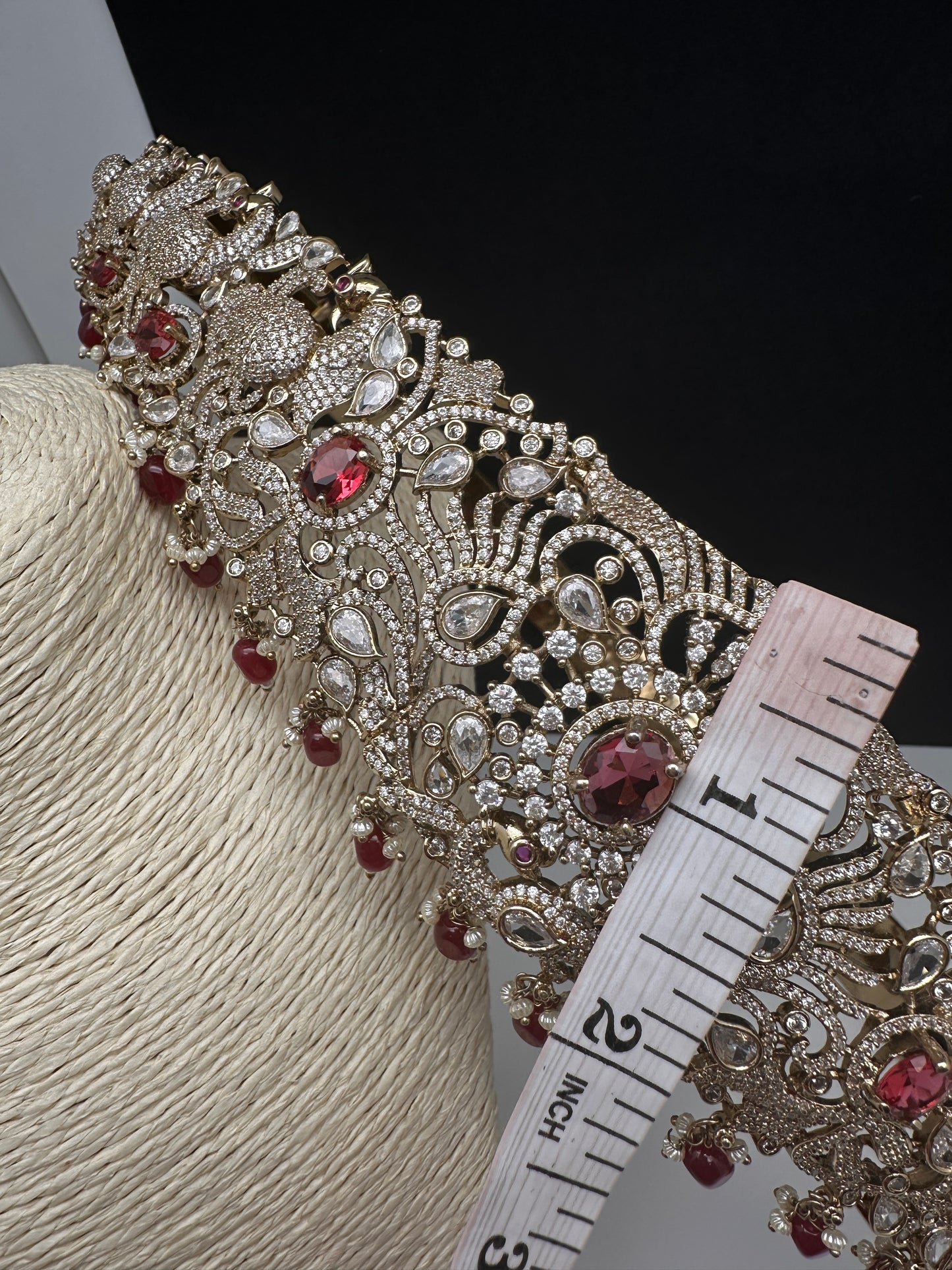 Peacock CZ Victorian Red Hip Belt Beads and Pearls - 