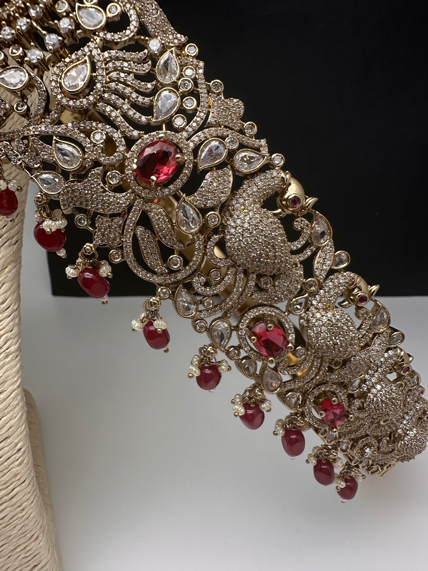 Peacock CZ Victorian Red Hip Belt Beads and Pearls - 