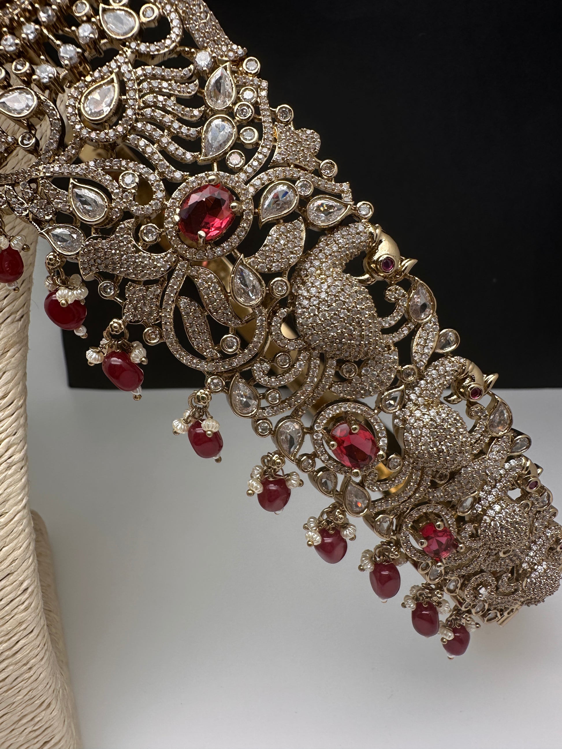 Peacock CZ Victorian Red Hip Belt Beads and Pearls - 