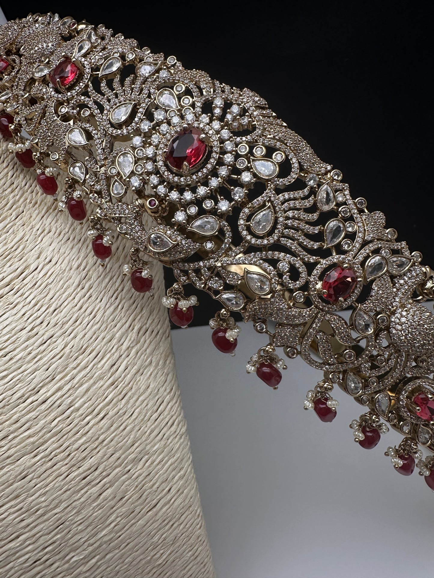 Peacock CZ Victorian Red Hip Belt Beads and Pearls - 
