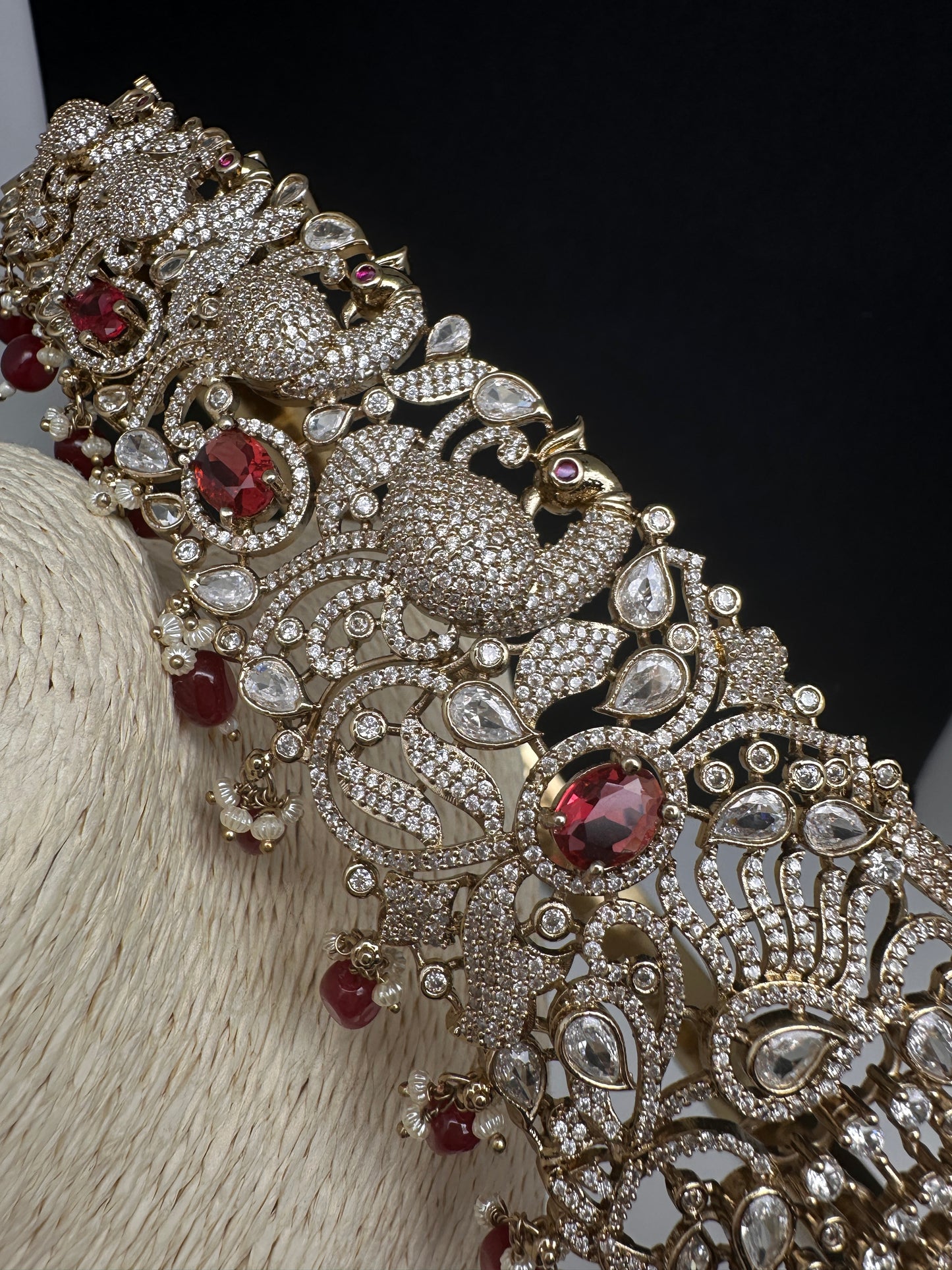 Peacock CZ Victorian Red Hip Belt Beads and Pearls - 