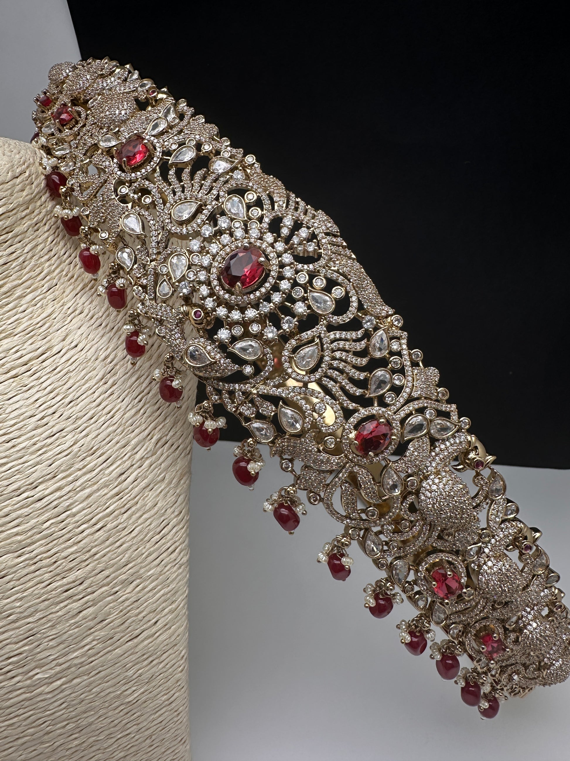 Peacock CZ Victorian Red Hip Belt Beads and Pearls - 