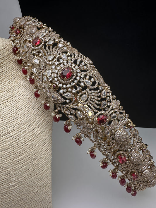 Peacock CZ Victorian Red Hip Belt Beads and Pearls - 
