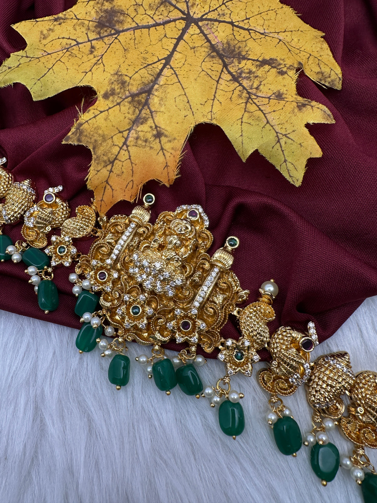 Nakshi Goddess Lakshmi Peacock Gold Finish Vaddanam Kamarband Waist Belt with Green Beads & Pearls - CB000684