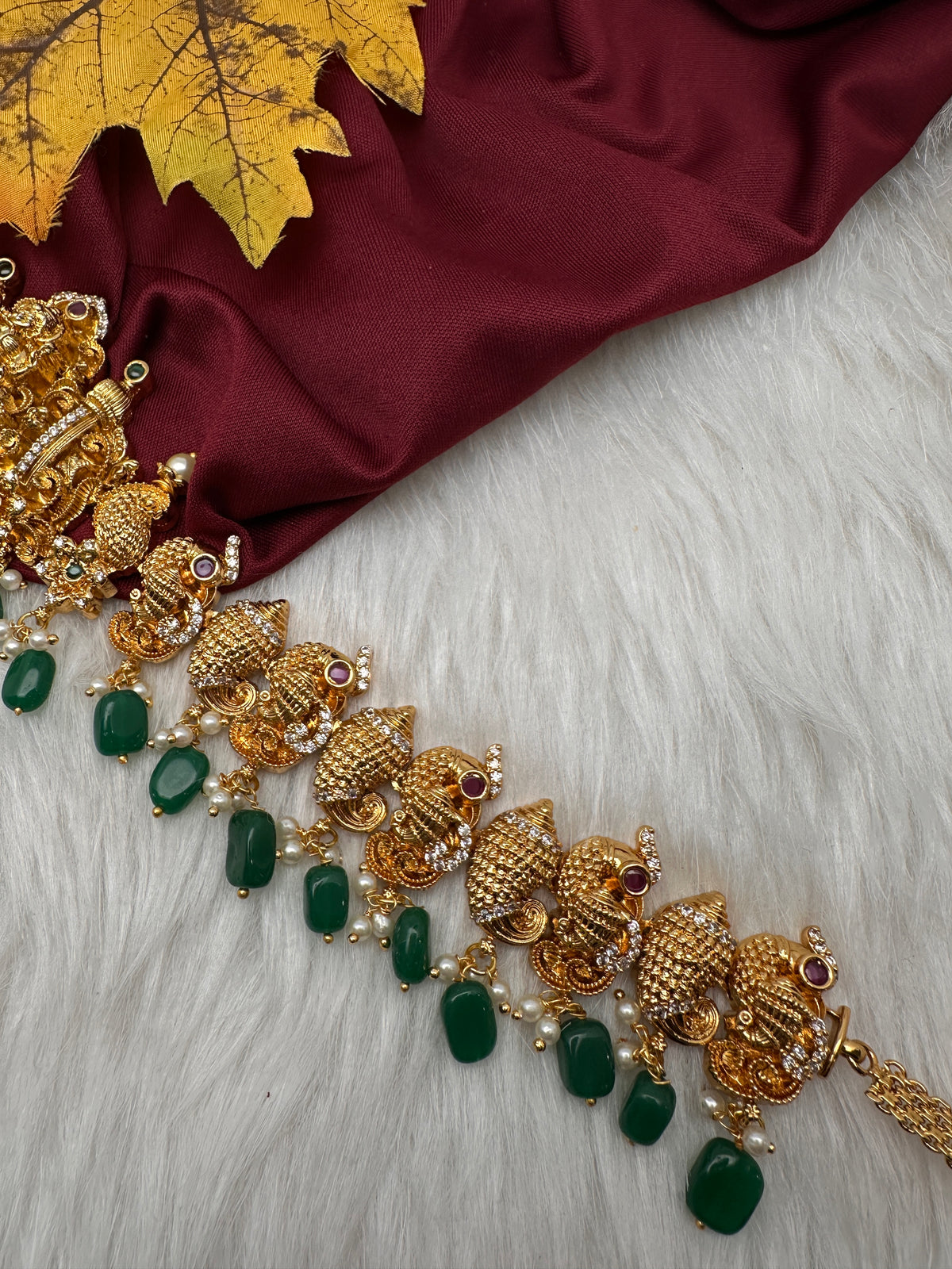 Nakshi Goddess Lakshmi Peacock Gold Finish Vaddanam Kamarband Waist Belt with Green Beads & Pearls - CB000684