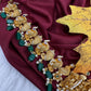 Nakshi Goddess Lakshmi Peacock Gold Finish Vaddanam Kamarband Waist Belt with Green Beads & Pearls - CB000684