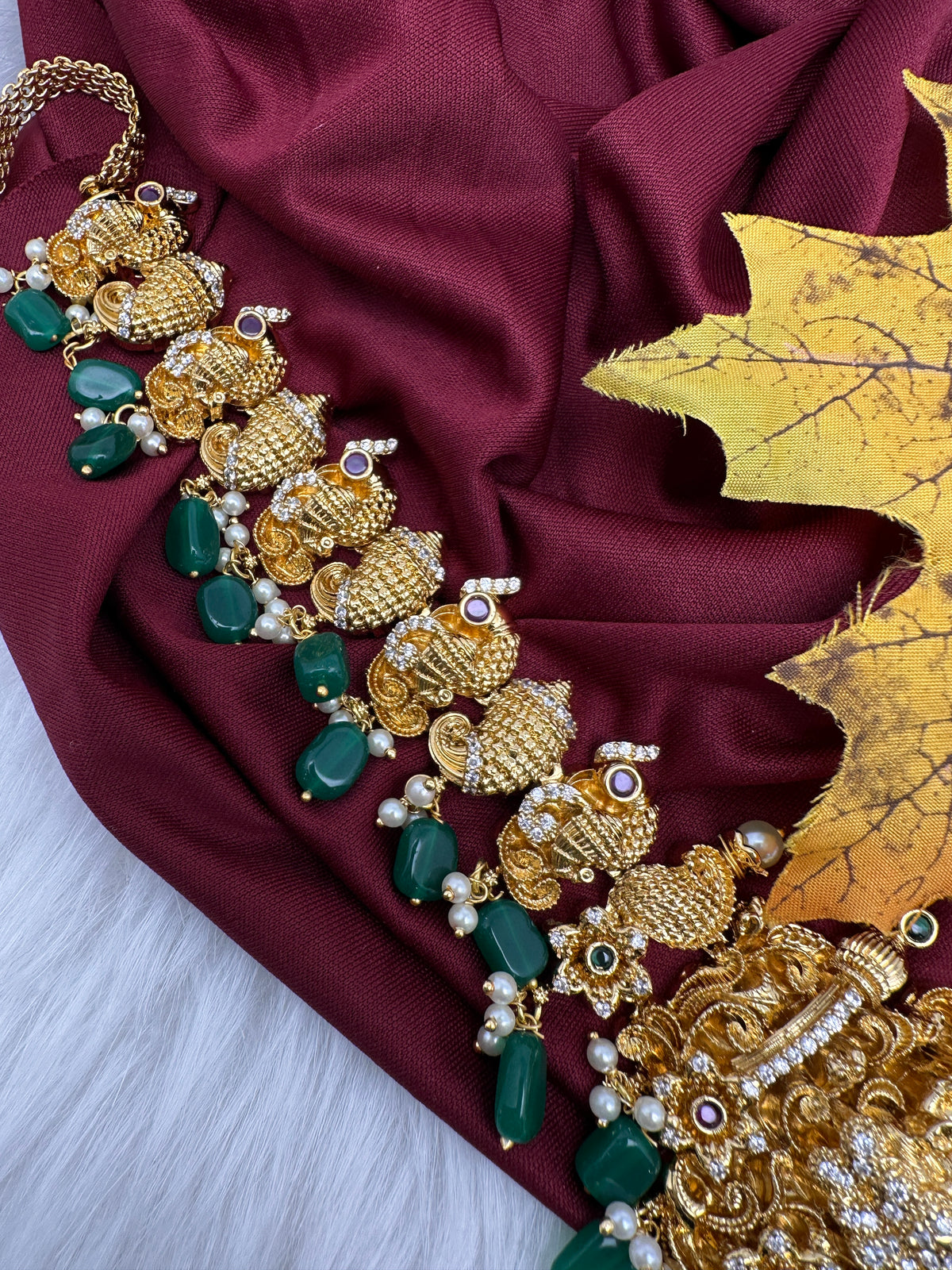 Nakshi Goddess Lakshmi Peacock Gold Finish Vaddanam Kamarband Waist Belt with Green Beads & Pearls - CB000684