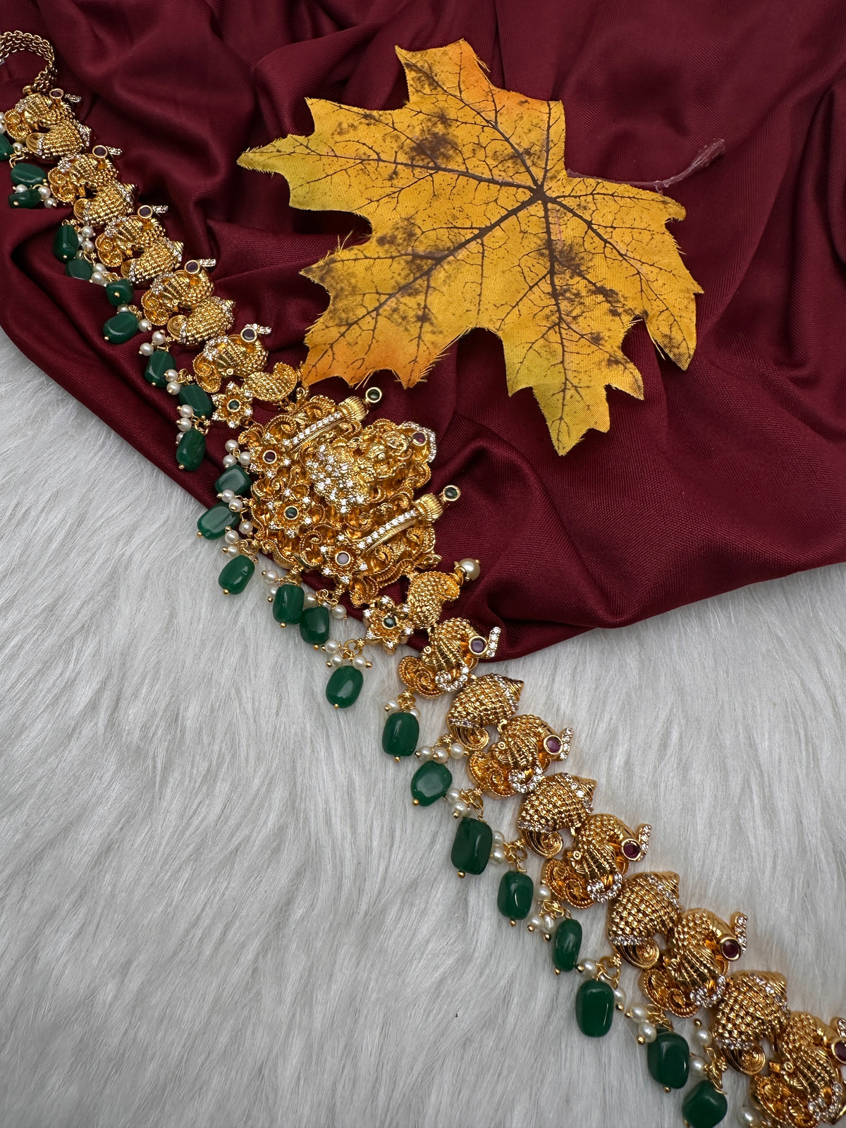 Nakshi Goddess Lakshmi Peacock Gold Finish Vaddanam Kamarband Waist Belt with Green Beads & Pearls - CB000684