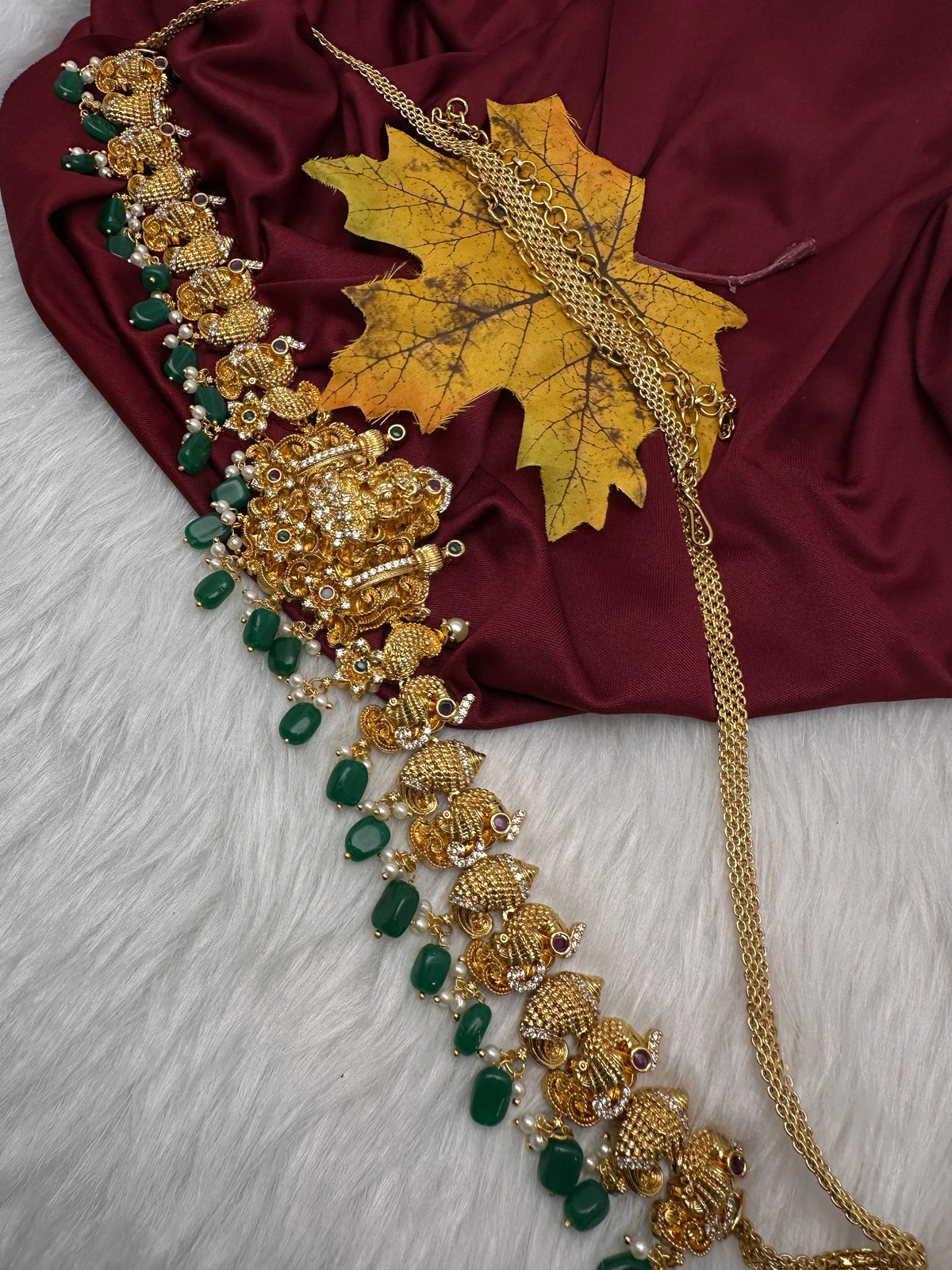 Nakshi Goddess Lakshmi Peacock Gold Finish Vaddanam Kamarband Waist Belt with Green Beads & Pearls - CB000684