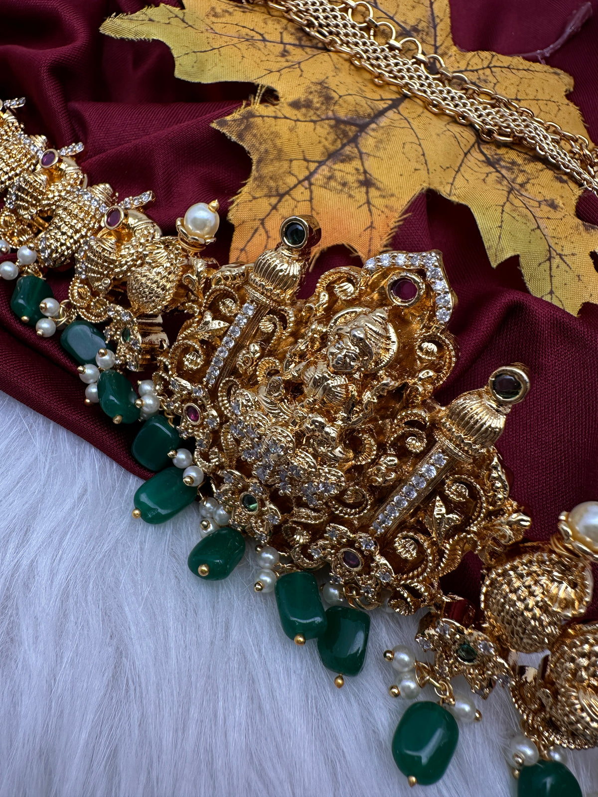 Nakshi Goddess Lakshmi Peacock Gold Finish Vaddanam Kamarband Waist Belt with Green Beads & Pearls - CB000684