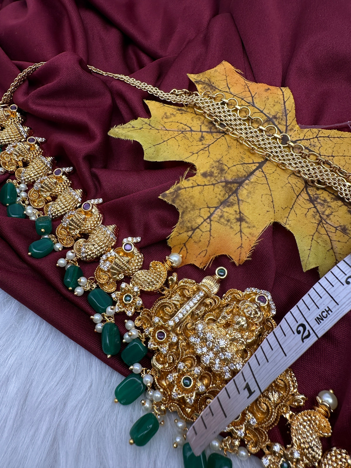 Nakshi Goddess Lakshmi Peacock Gold Finish Vaddanam Kamarband Waist Belt with Green Beads & Pearls - CB000684