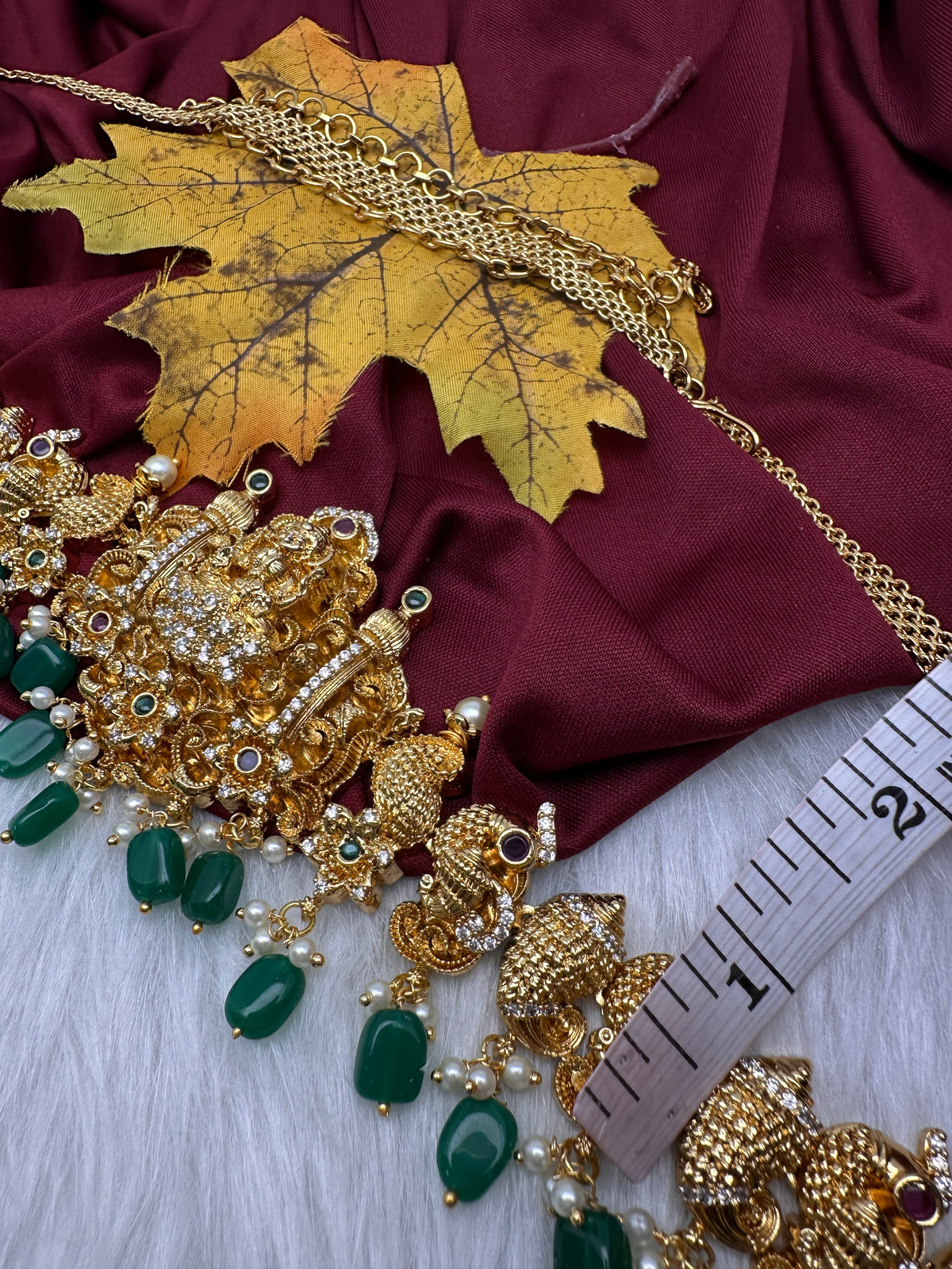 Nakshi Goddess Lakshmi Peacock Gold Finish Vaddanam Kamarband Waist Belt with Green Beads & Pearls - CB000684