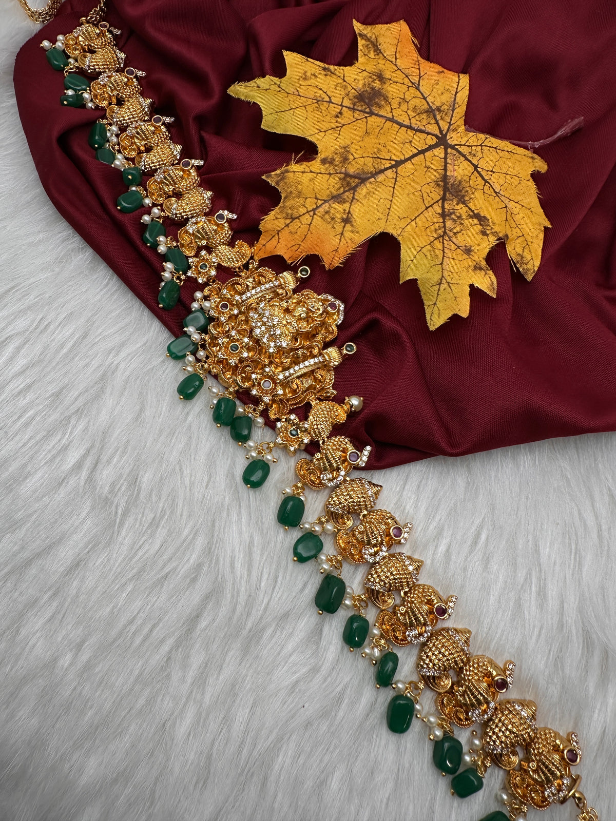 Nakshi Goddess Lakshmi Peacock Gold Finish Vaddanam Kamarband Waist Belt with Green Beads & Pearls - CB000684