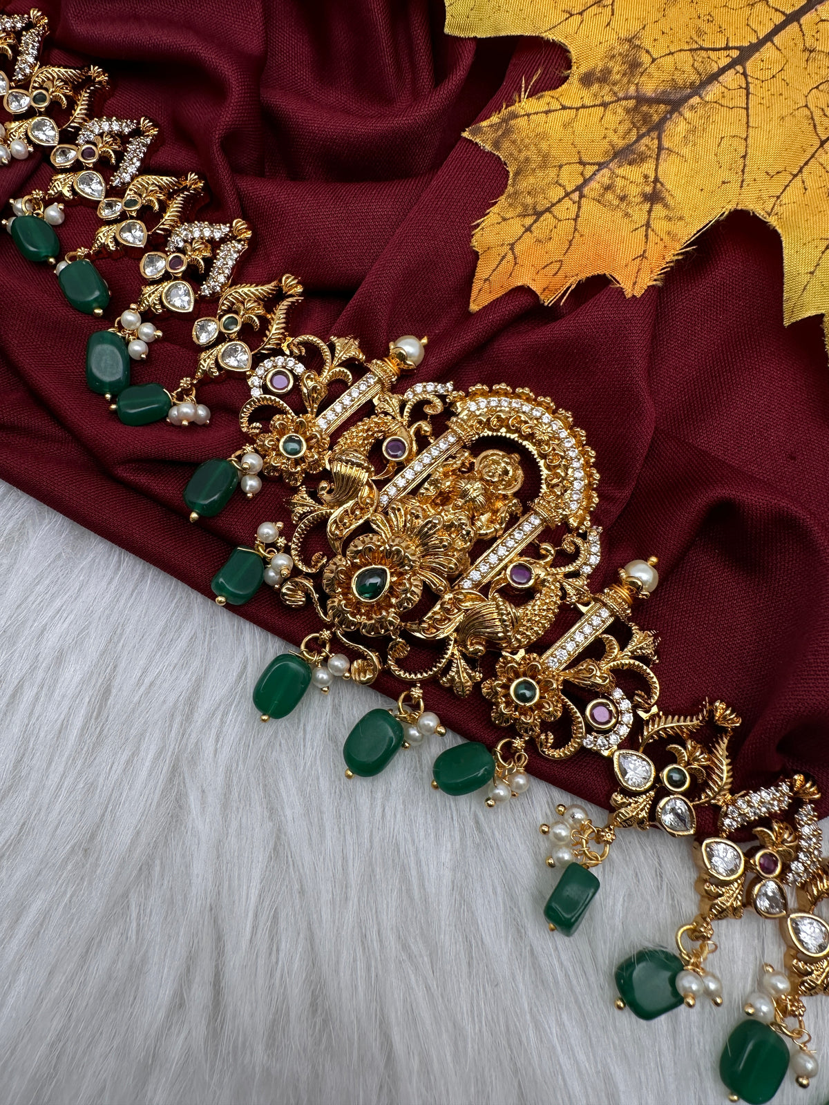 Nakshi Goddess Lakshmi Gold Finish Vaddanam Kamarband Waist Belt with Green Beads & Pearls - CB000685