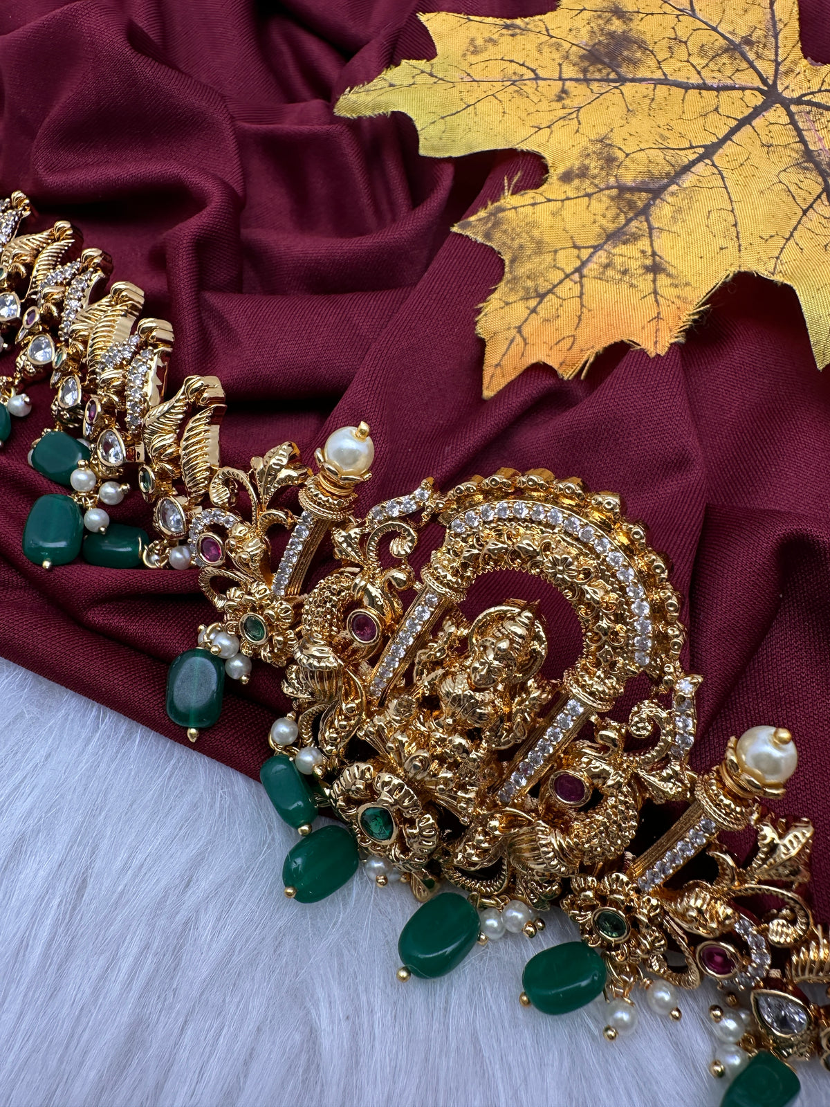 Nakshi Goddess Lakshmi Gold Finish Vaddanam Kamarband Waist Belt with Green Beads & Pearls - CB000685