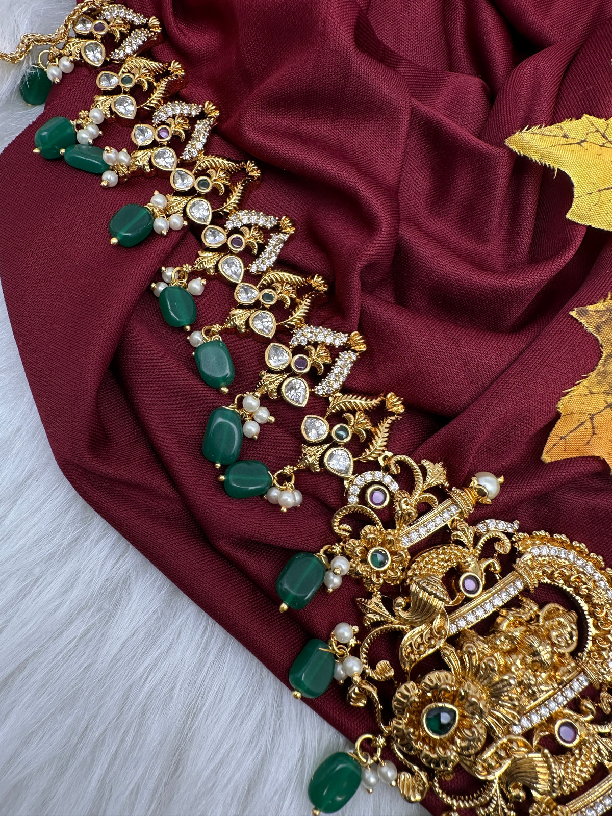 Nakshi Goddess Lakshmi Gold Finish Vaddanam Kamarband Waist Belt with Green Beads & Pearls - CB000685