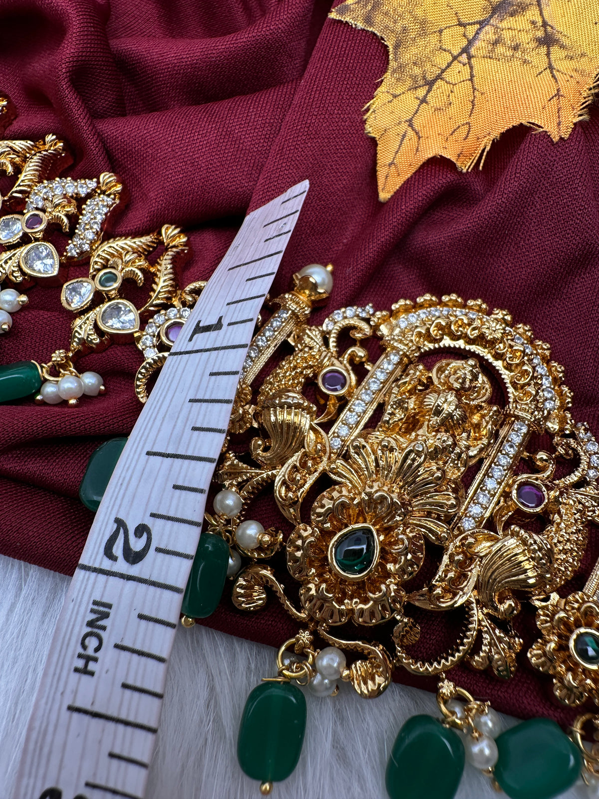 Nakshi Goddess Lakshmi Gold Finish Vaddanam Kamarband Waist Belt with Green Beads & Pearls - CB000685