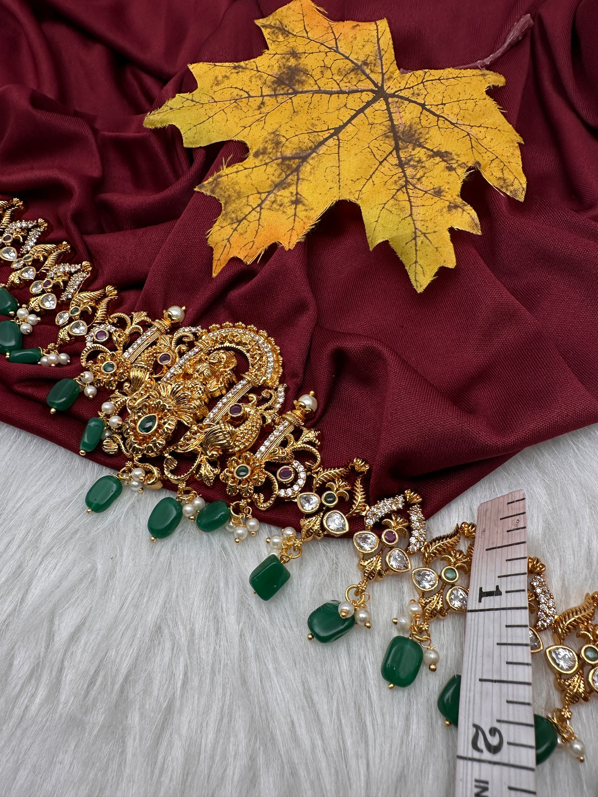 Nakshi Goddess Lakshmi Gold Finish Vaddanam Kamarband Waist Belt with Green Beads & Pearls - CB000685