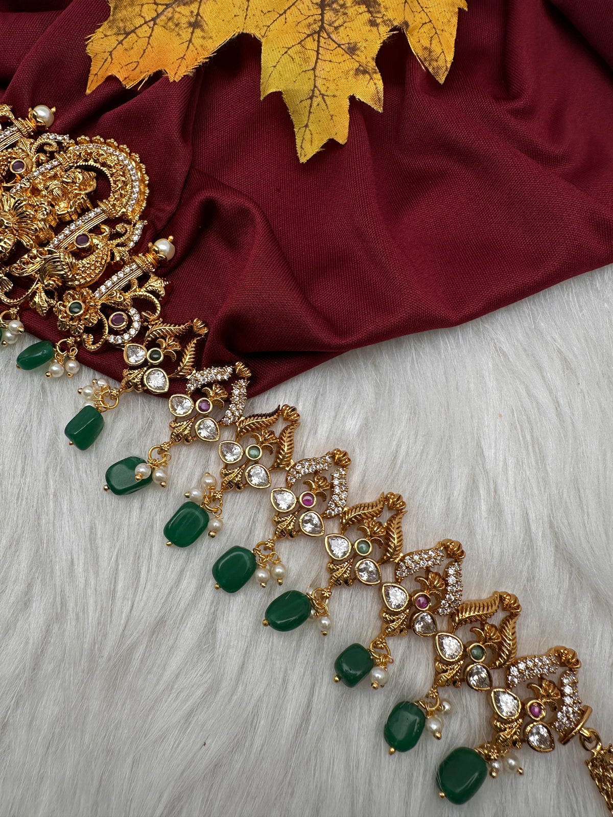 Nakshi Goddess Lakshmi Gold Finish Vaddanam Kamarband Waist Belt with Green Beads & Pearls - CB000685