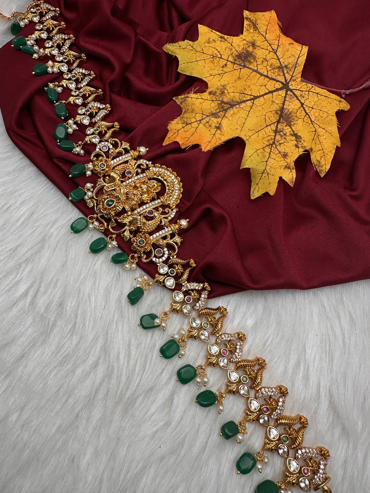 Nakshi Goddess Lakshmi Gold Finish Vaddanam Kamarband Waist Belt with Green Beads & Pearls - CB000685