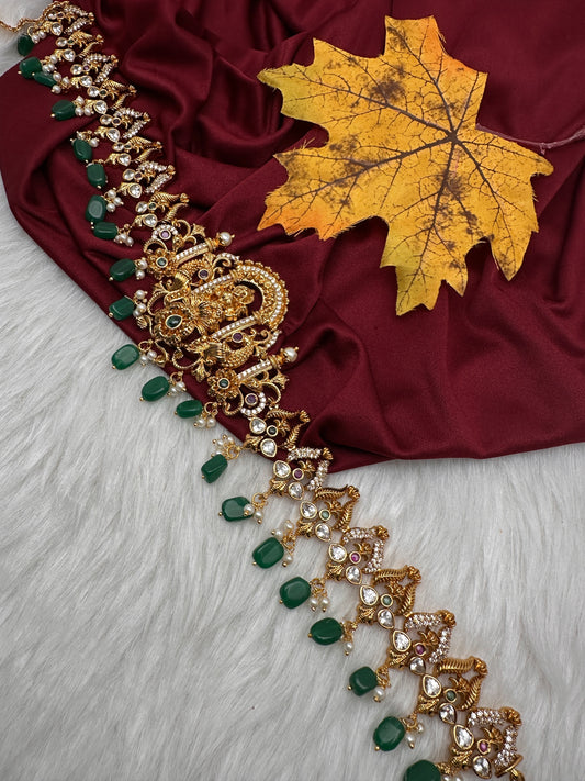 Nakshi Goddess Lakshmi Gold Finish Vaddanam Kamarband Waist Belt with Green Beads & Pearls - CB000685