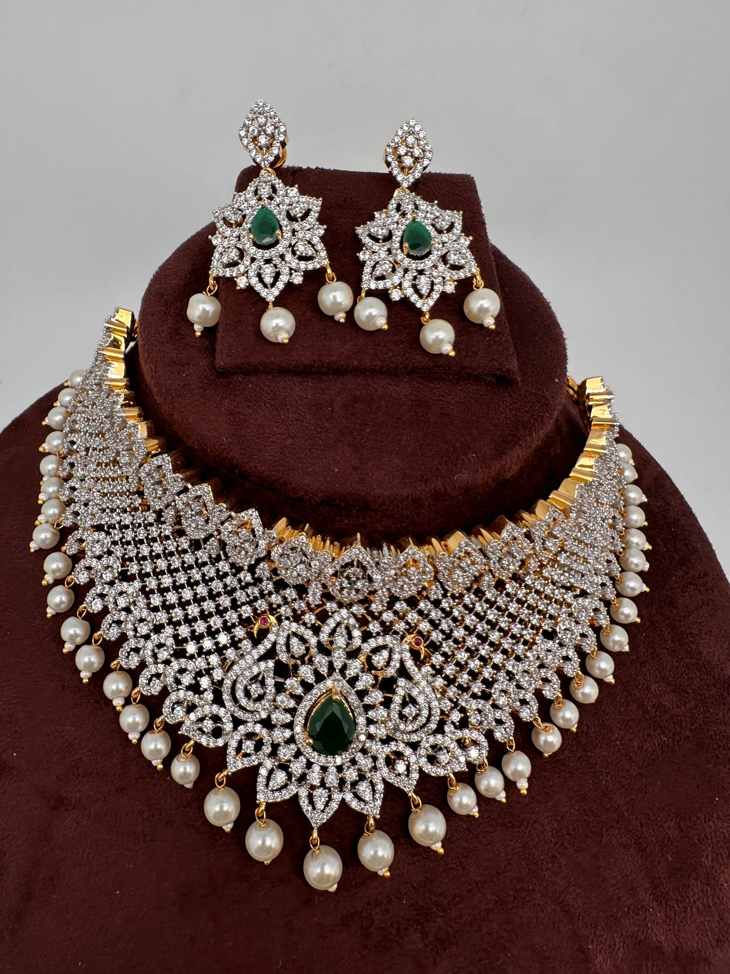 AD Diamond Finish Peacock Design Choker - Green