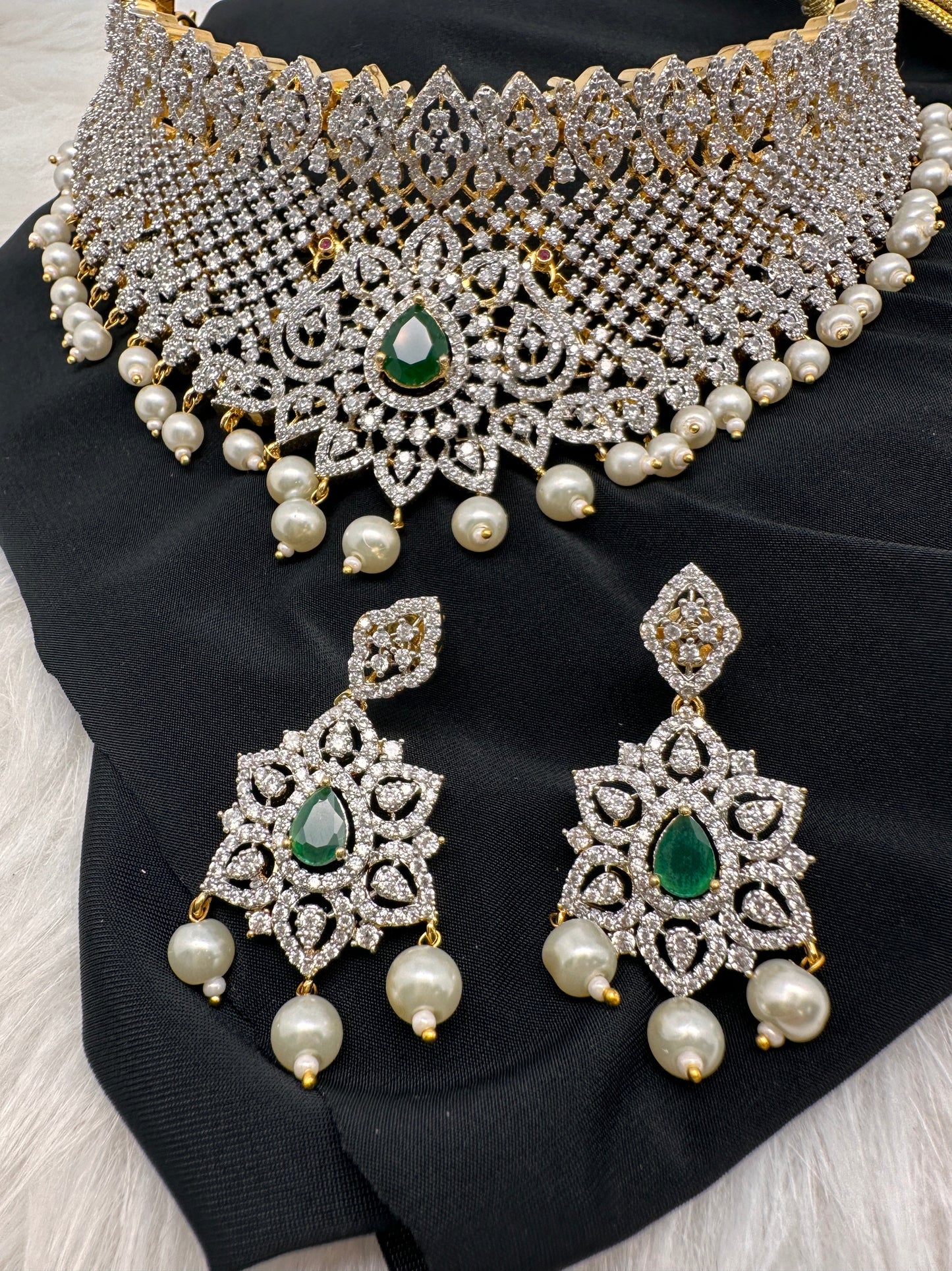 AD Diamond Finish Peacock Design Choker - Green