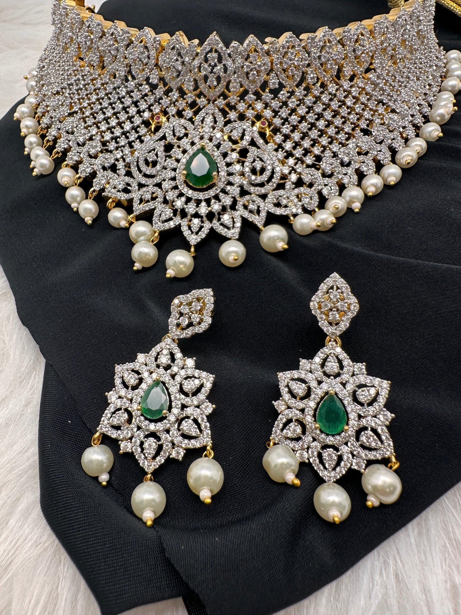 AD Diamond Finish Peacock Design Choker - Green