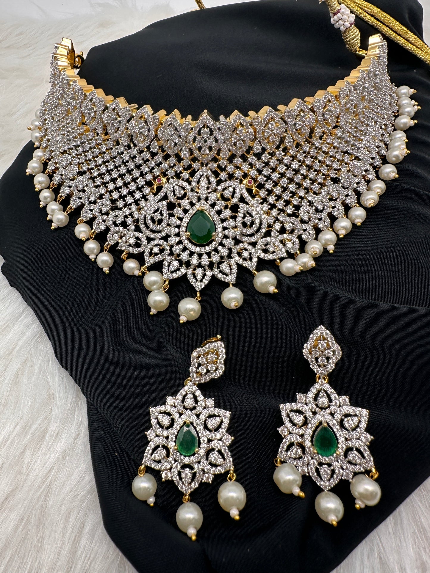 AD Diamond Finish Peacock Design Choker - Green