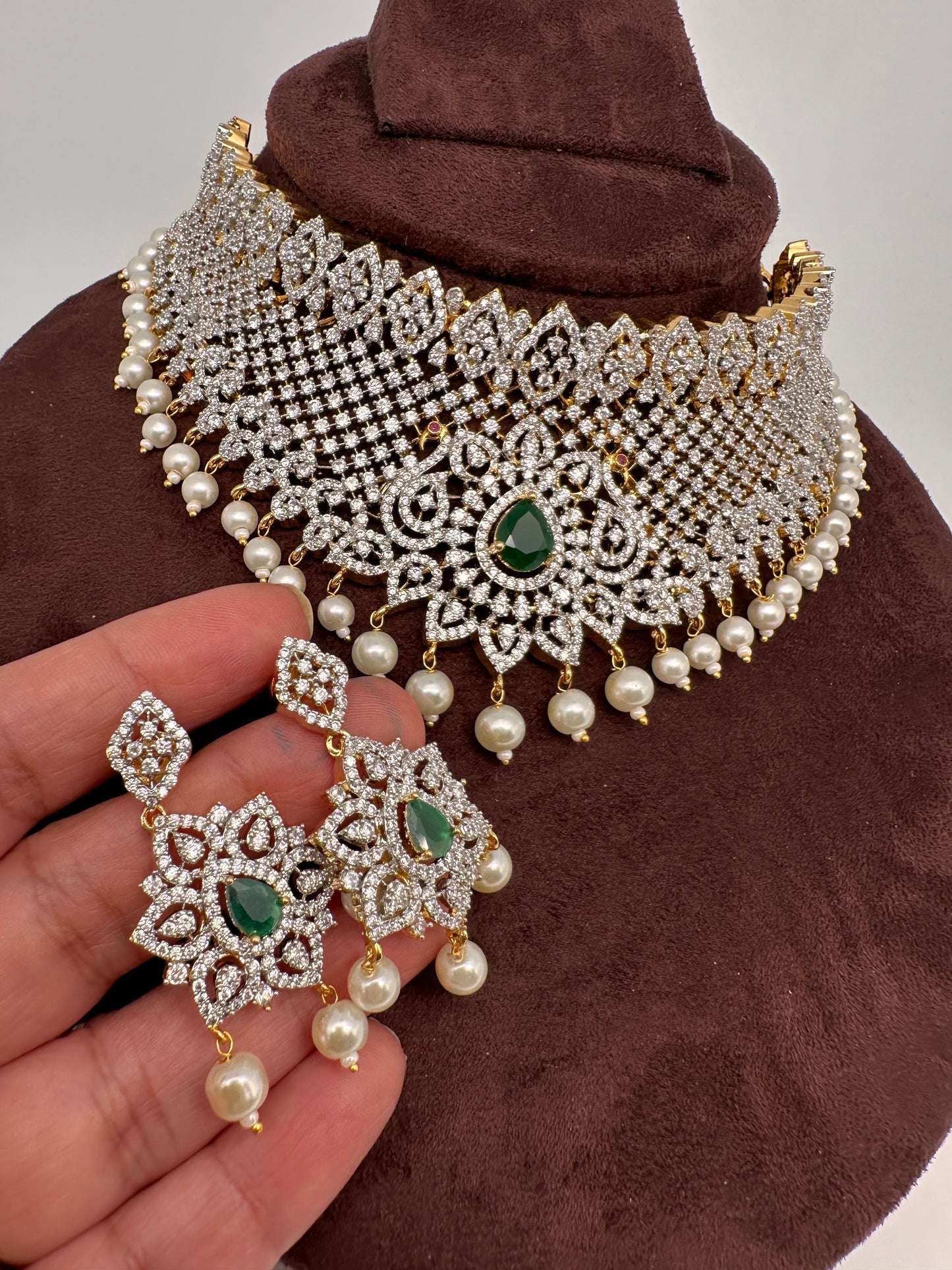 AD Diamond Finish Peacock Design Choker - Green