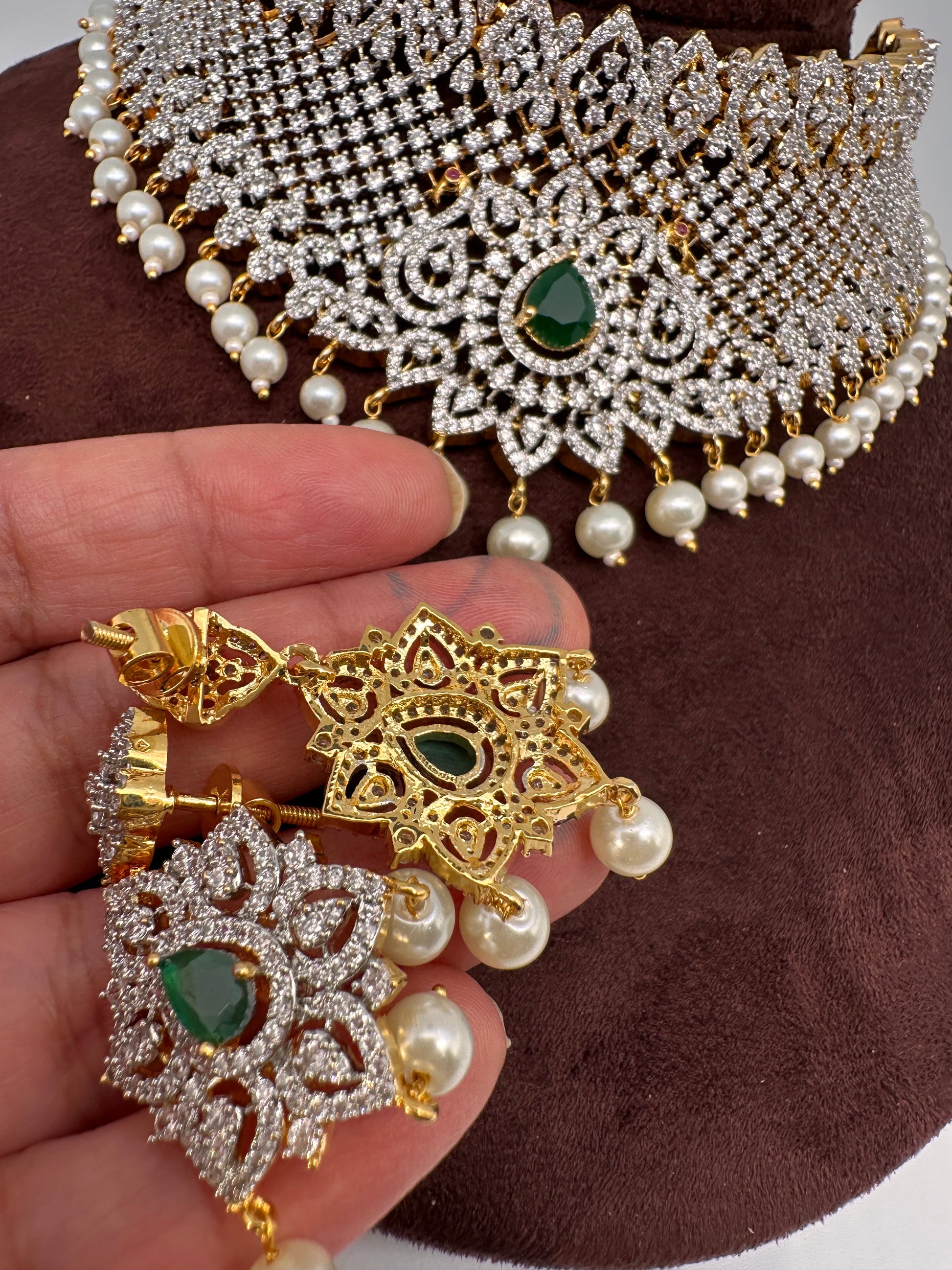 AD Diamond Finish Peacock Design Choker - Green