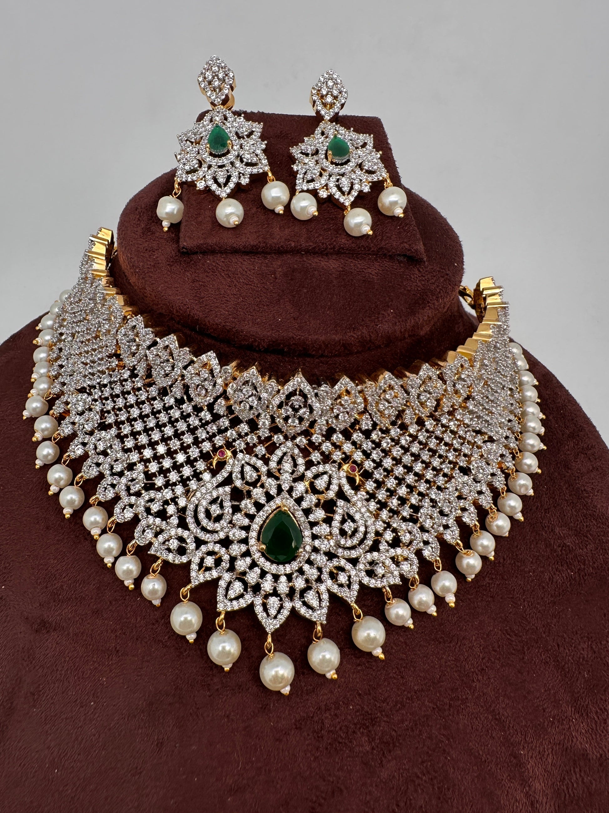 AD Diamond Finish Peacock Design Choker - Green