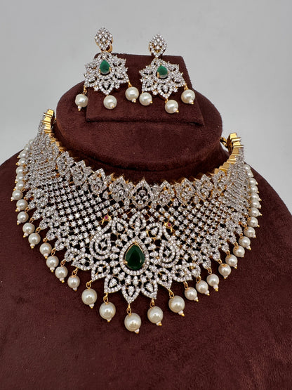 AD Diamond Finish Peacock Design Choker - Green