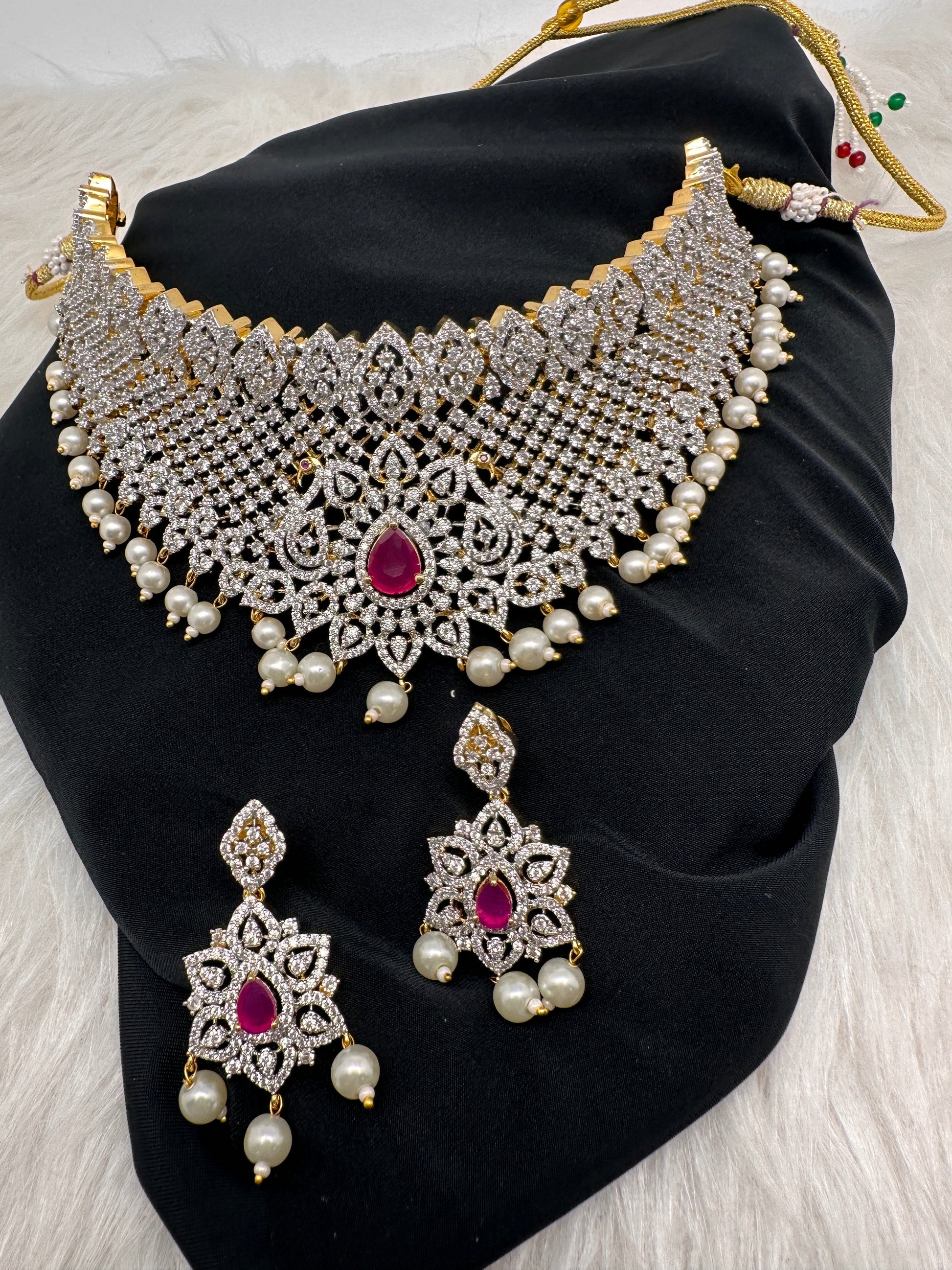 AD Diamond Finish Peacock Design Choker - Red
