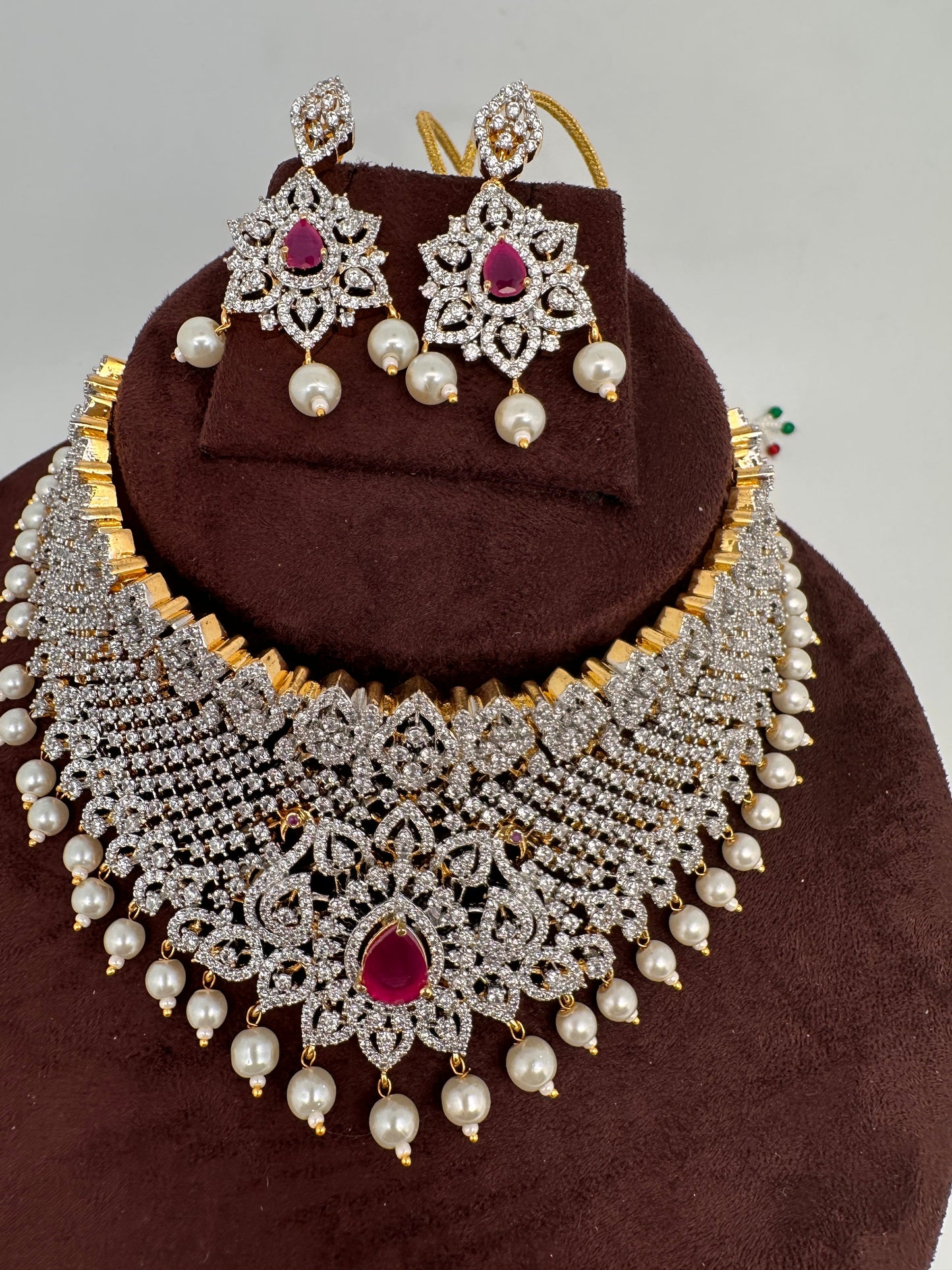 AD Diamond Finish Peacock Design Choker - Red