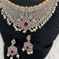 AD Diamond Finish Peacock Design Choker - Red