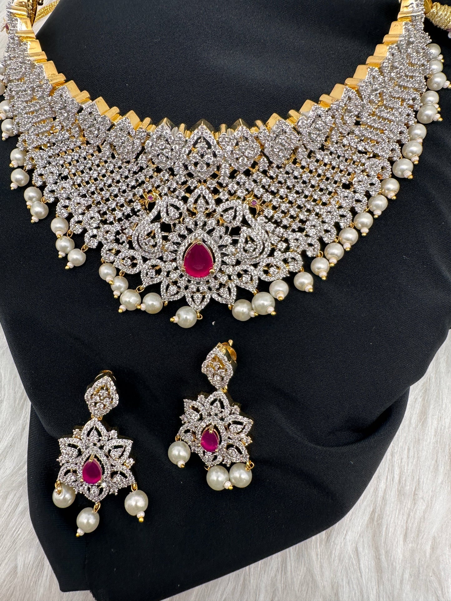 AD Diamond Finish Peacock Design Choker - Red