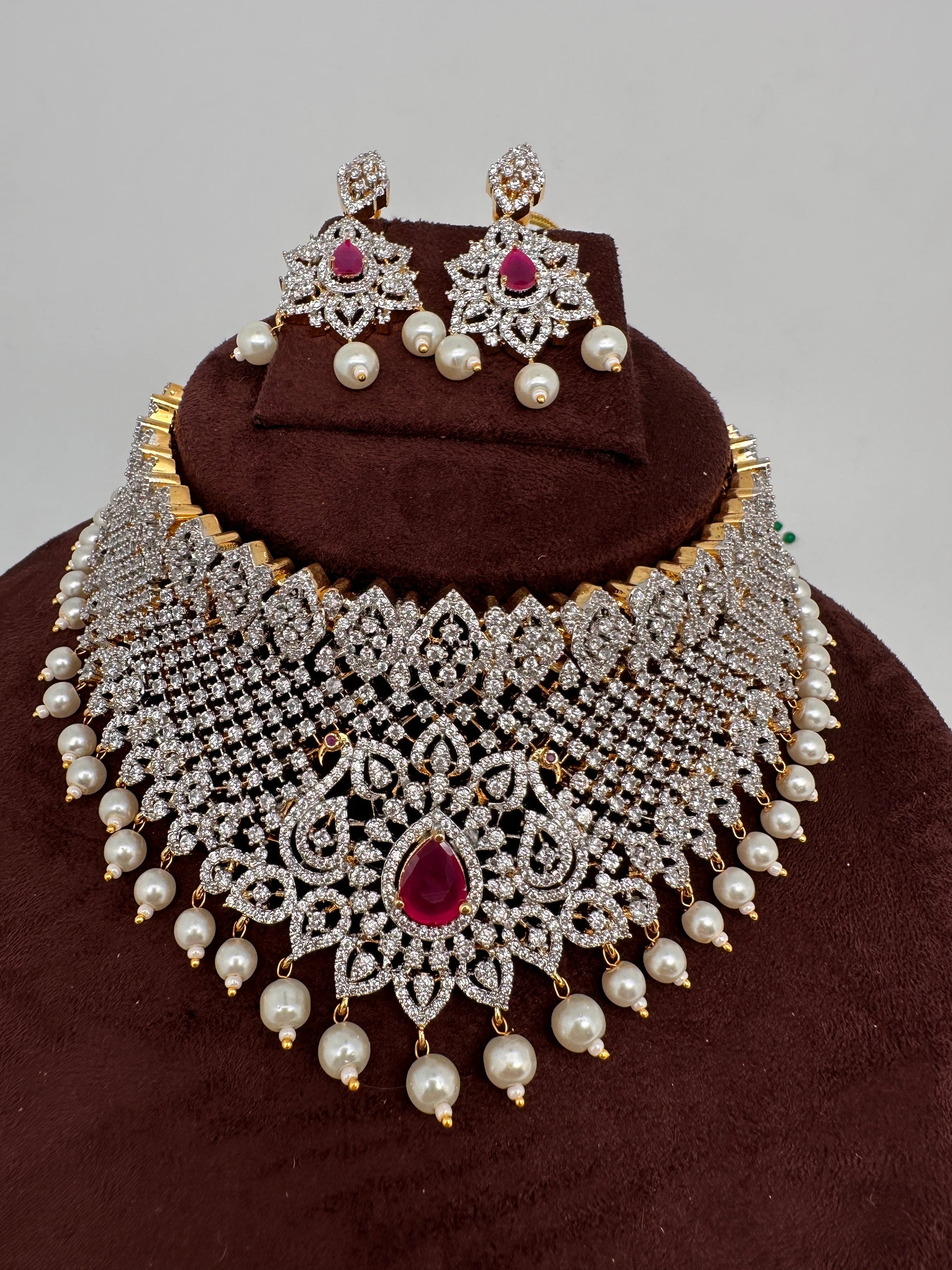 AD Diamond Finish Peacock Design Choker - Red
