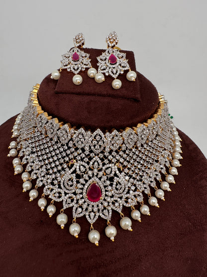 AD Diamond Finish Peacock Design Choker - Red